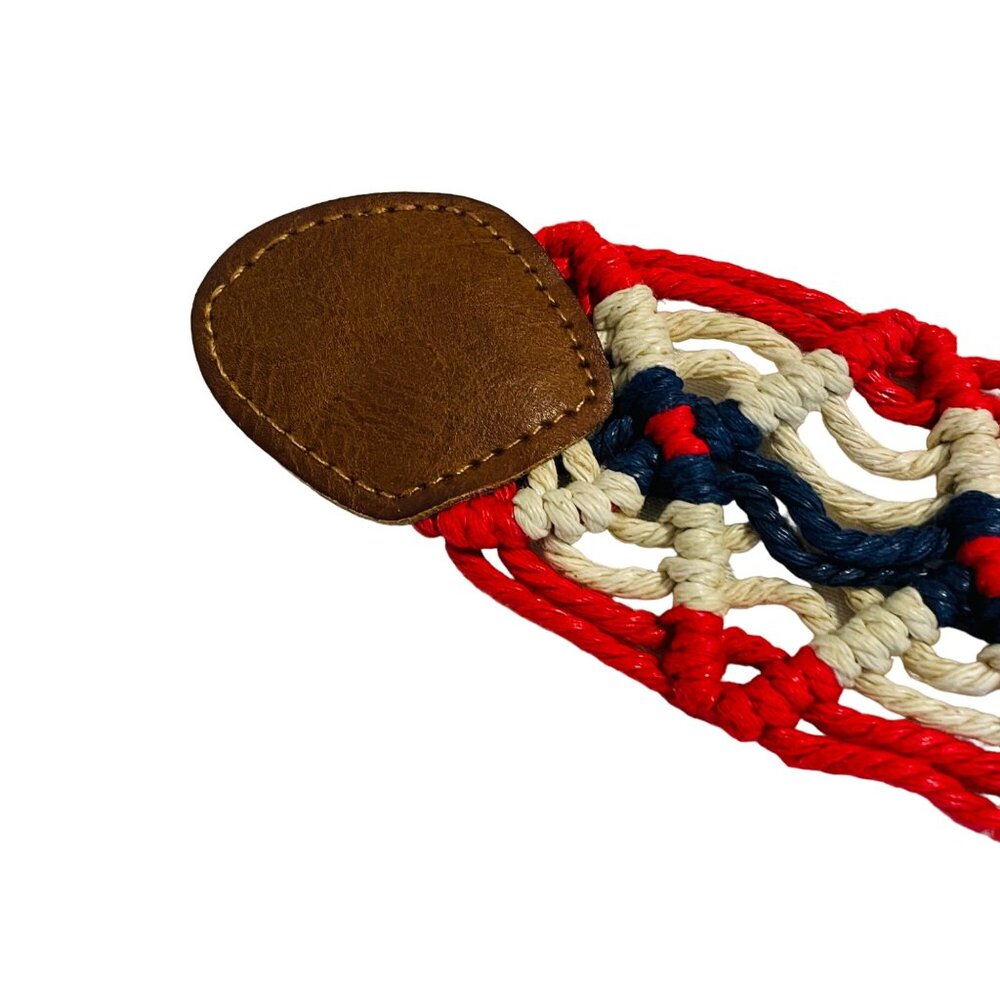 Vintage Woven Belt W/ Faux Leather Accents & D-Ring Buckle - Red White Blue - Si - Picture 5 of 12